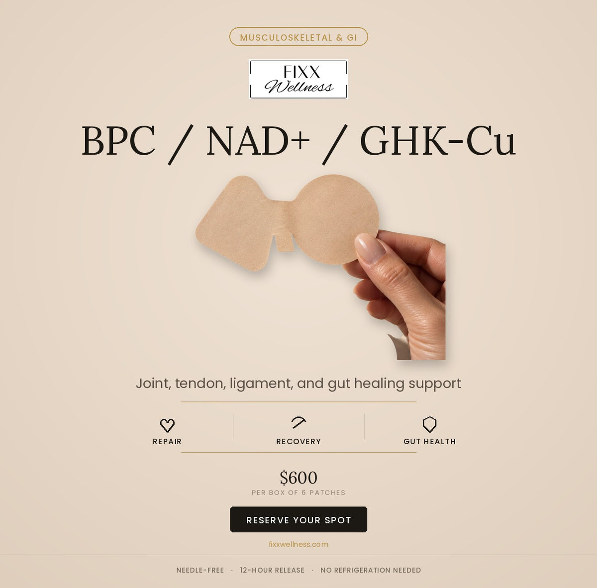 FIXX BPC / NAD+ / GHK-Cu Patch — needle-free peptide patch