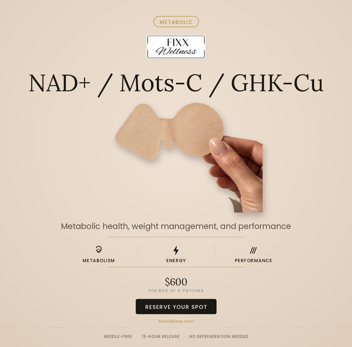 FIXX NAD+ / Mots-C / GHK-Cu Patch — needle-free peptide patch